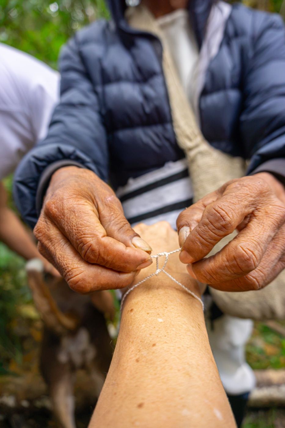 Manos del mayor anudando una pulsera de hilo en la muñeca de una visitante